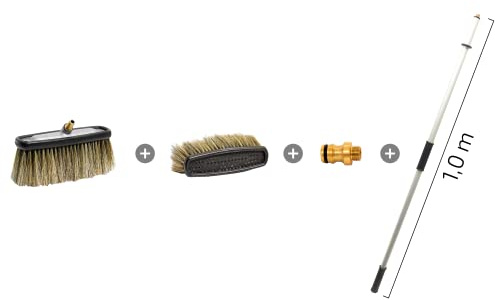 Vorwerk Fläschenwascher Set 4 | Flächenwascher mit 90 mm Naturhaarborsten + 90 mm Borsteneinsatz + Messing Schlauchkupplung + Verlängerungsrohr | Kompatibel mit Gardena (1 Meter)