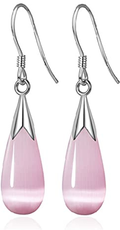 CERSLIMO Silver Drop Earrings for Women, Long Dangle Earrings with Pink Opal Stone | White Gold Plated Water Drop Dangly Earrings Jewellery Gifts for Christmas Birthday Teardrop Dangling Earrings