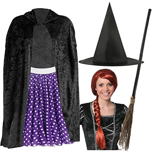 Adult’s Room on the Broom Set - Black Velour Cape, Purple Polka Dot Skirt, Witch Hat, Auburn Wig - Perfect for World Book Day School Book Day Fancy Dress