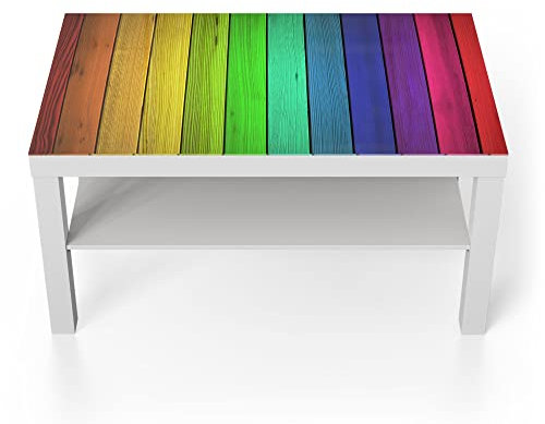 DEQORI Glastisch | weiß groß 90x50 cm | Motiv Farbige Holzlatten | ausgefallener Beistelltisch aus Glas | Hochglanz Couchtisch fürs Wohnzimmer | moderner Couch Tisch mit Design