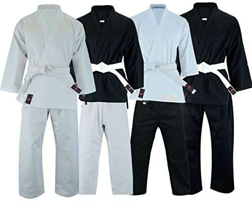 VADER Mixed Karate Suits White/Black Karate Gi for Kids/Adults Pollycotton Medium Weight Karate Uniform Club Training Competition Martial Arts Suit with Free White Belt