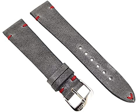 RIOS1931 Uhrenarmband Manhattan Vintage Leder 20mm grau mit roter Naht Made in Germany