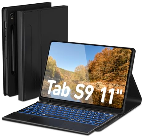 Doohoeek Beleuchtete Bluetooth QWERTZ Tastatur Hülle für Samsung Galaxy Tab S9 11 2023 Mit Touchpad und 7 Farbiger Hintergrundbeleuchtung, Schwarz