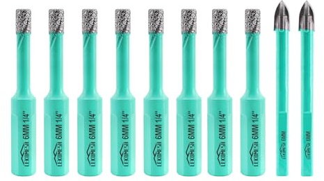 LEKOMESH Diamond Drill Bit Kit - 8pcs 6MM Diamond Hole Saw & 2pcs 6MM Carbide Drill Bit with Triangle Shank for Porcelain Tile Drill Bits for Ceramic Marble Granite Stone Quartz