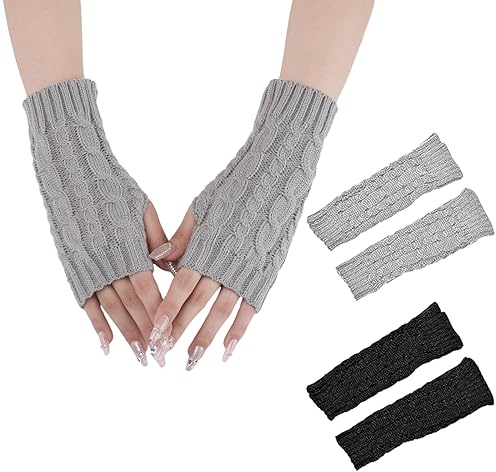 EUDUQ 2 Paar Handstulpen Damen,Herbst Winter Kurzer Armstulpen Mädchen,Gestrickte fingerlose handschuhe,Wärme handschuhe ohne finger,dehnbare Handschuhe Fingerlos(Schwarz/Hellgrau)