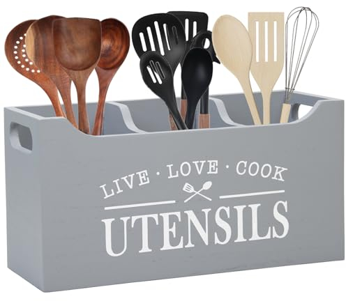 Karisky Kitchen Utensil Holder, Large 3 Compartments Solid Wood Utensil Organizer for Kitchen Counter, Cooking Tools Storage for Countertop, Gray