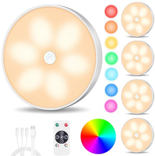 Motion Sensor Step Lights, 8 Colors Changeable RGB LED Closet Lights, USB Rechargeable Battery Operated Puck Light, Dimmable Under Cabinet Counter Kitchen Stair Lighting (5 Pack)