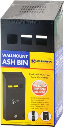 HOMEVIBE Ash Bin | Steel Ashtray Black Compact Pub Club Home Office Flat Cigarette Cigar Wall Mounted Lockable Heavy Duty + Keys UK FREE P&P, W14.7cm x D6.0cm x H32.3cm