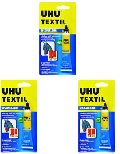 UHU Spezialkleber Textil Tube, Schnellabbindender Klebstoff für verschiedenste Textilien und Stoffe, 20 g (Packung mit 3)