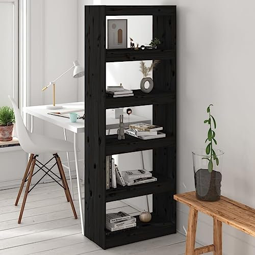 THOYTOUI Bücherregal Raumteiler, Lagerschrank Zeitschriftenständer Schallplattenregal Vitrinenschrank Geeignet für Büro Garten Abstellraum Werkstatt Schwarz 60x30x167.5 cm Massivholz Kiefer