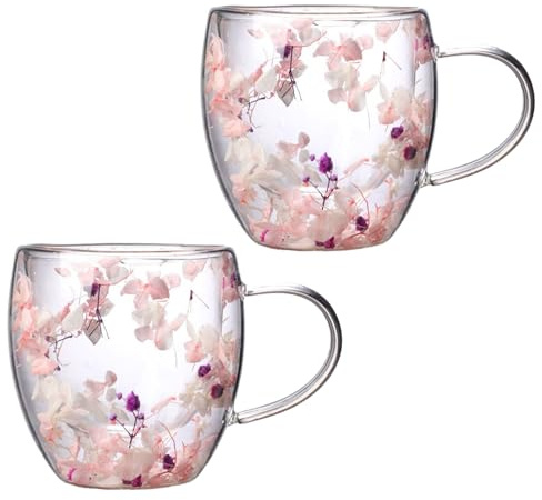 Wnvivi Tazza da caffè Isolata a Doppia Parete da 2 Pezzi, Elegante Tazza da caffè in Vetro con Fiori con Manico, Tazze Termiche a Petalo da 250 Ml per Bar di Casa(A2)