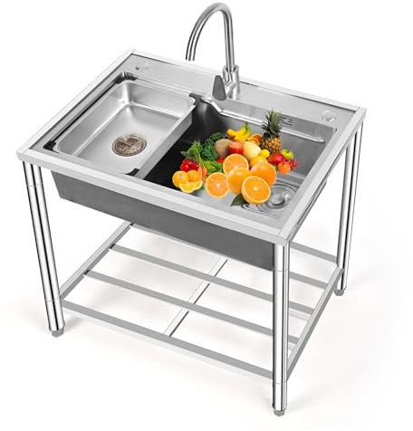 RYZQWE Waschbecken 1 Becken Küchenspüle Freistehende Kitchen Sink Gewerbliche Spülschrank Waschtisch Outdoor Camping Ausgussbecken mit Heiß-/kaltwasserhahn for Küche Restaurant Waschküche Garten