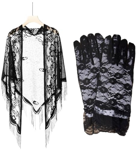 YNYCIPZ Chales para mujer,Guantes y manoplas para mujer,Chal de encaje para novia, dama de honor, vestido de boda, banquete, chal triangular, bufanda para mujer (negro)