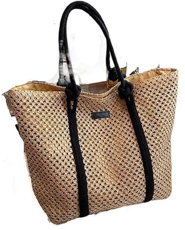 wangfq Korbtaschen Damen Casual Sommer Große Kapazität Stroh Gewebt Strand Taschen Handgemachte Frauen Schulter Tasche Dame Reise Handtaschen Rattan Shopper Tote Basttaschen Damen Sommer(Khaki)