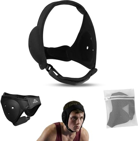 BLISSTAO BJJ Ohrenschutz, Wrestling-Kopfbedeckung, weiche Schale, verstärkte Nähte, kratzfest, rutschfest, extra Kinnpolster, schützende Aufbewahrung, Waschbeutel