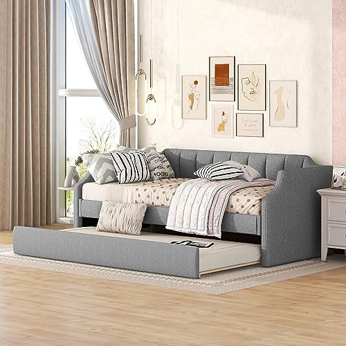 Lcoho Daybett, Tagesbett, Schlafsofa, Polsterbett, Gepolstertes Einzeltagesbett mit Rollbett (Grau)