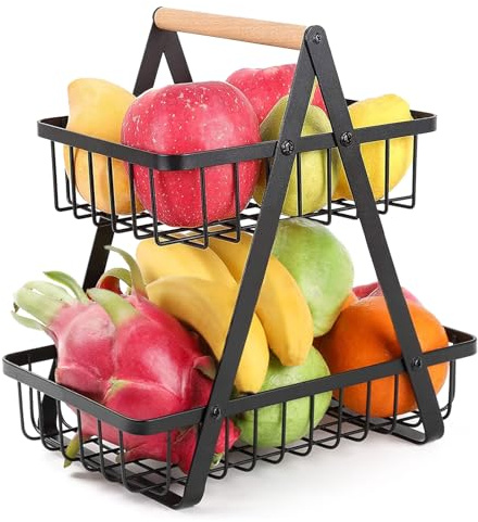 LEEJARD 2-stöckiger Obstkörbe, Gemüse, Schalenhalter, Metall Obstkorb Organisator mit Holzgriff für Küche, Esszimmer (Schwarz, L:27 W:17 H:29 cm | 2-Stöckiger)