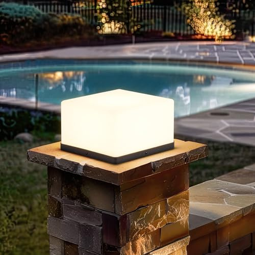 Outdoor Post Light Modern Fence Deck Post Lights Squre Column Pillar Lamp Outside 3000K Warm LED Lantern with Waterproof E26 Bulb for Flat Surface Patio Garden Decoration (High Voltage Wired,10x10)