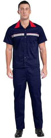 Freebily Herren Damen Arbeitsanzug Zweiteiler Antistatik Kurzarm Jacke Und Hosen Mit Reflektorstreifen Werkstatt Autoreparaturen Kleidung Marineblau 3XL