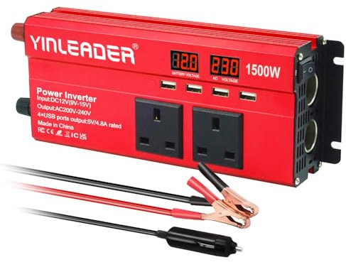 Power Inverter 12V to 240V 1500W 2 AC Sockets & 2 Cigarette Lighter Sockets Dual LED 4 USB Ports Car Converter-RED