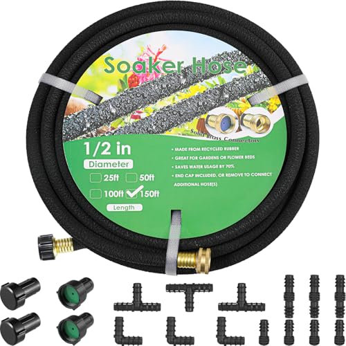 MAMIZO Tropfschlauch-Set, 45,7 m, 1,27 cm, massive Messing-Anschlüsse, Gummi, langlebig, robuster Tropfschlauch, um 70 % Wasser zu sparen, Tropfschlauch für Garten, Rasen und Hof