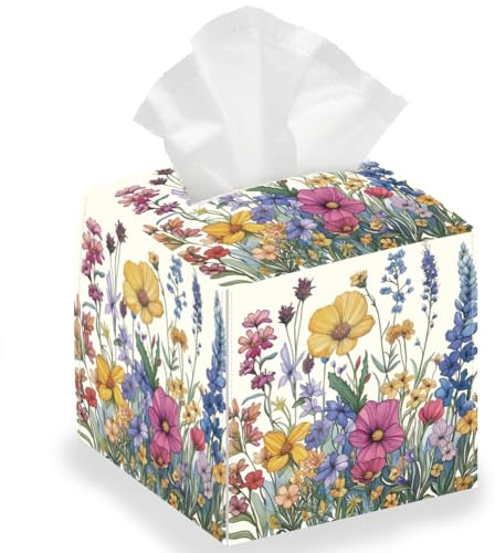 DELORIGIN Taschentuchbox Halter „Wild Flowers“ Taschentuchbox Mit Vintage Blumenmuster Quadratisch Faltbar Wasserdicht Papierhandtuchhülle Behälter Organizer Für Schlafzimmer Büro Auto