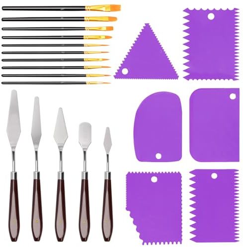 Swpeet juego de espátulas y cuchillos de paleta de plástico color lila con pintura perlada, juego de herramientas para pintar, 5 espátulas, 6 cuchillos espátulas y 10 pinceles perlados, accesorios de