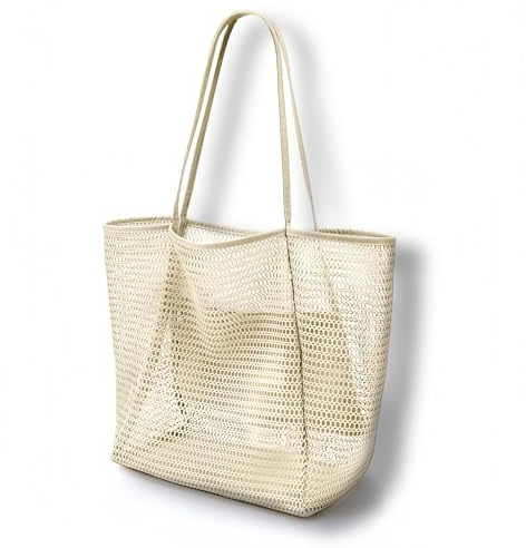 dellyy Mesh Sac de Plage Surdimensionné, avec Poche Intérieure Zippée, 35*17*37cm Sac de Plage Femme Pliable, Grand Gac de Plage Bohème, Adapté aux Vacances, Pique-Nique Plage Usage Quotidien (Beige)