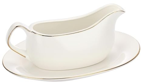 Elegant White Ceramic Gravy Boat with Tray Gold Trim Sauce Boat for Gravy Salad Dressing and Sauces - Perfect for Entertaining and Dining