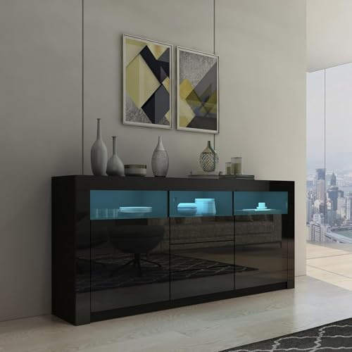 Genforiek 160cm Sideboard Wohnzimmer Anrichte Schrank Hochglanz Highboard mit 2 Türen 3 Schubladen und LED Beleuchtung TV Lowboard für Esszimmer Schlafzimmer Schwarz