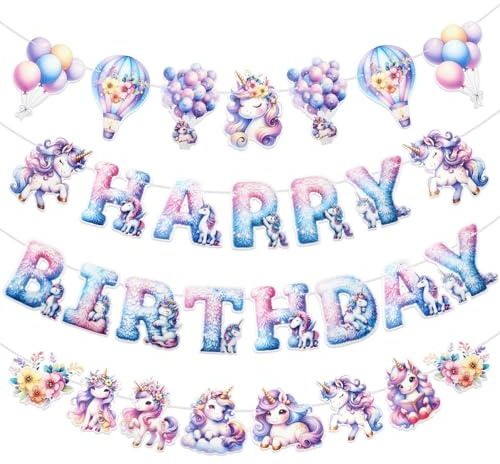 BOXOB Einhorn Geburtstagsbanner, Einhorn Happy Birthday Banner Girlande Niedliche Geburtstagsparty Dekoration für Kinder und Mädchen