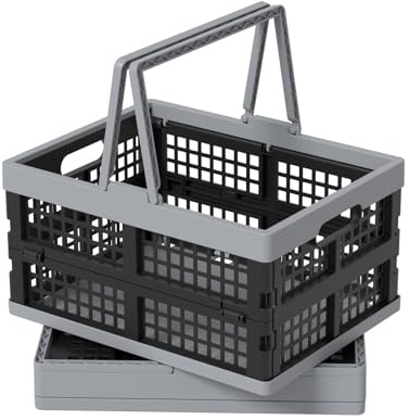 Yesdate 15 L Foldable Plastic Shopping Basket with Handle, Stackable Collapsible Storage Crate, 2 Packs, F