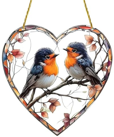 Robin Sun Catchers for Windows, Heart Shaped Robin Stained Glass Suncatche, Colorful Acrylic Hanging Robin Ornaments for Windows, Home, Garden, Gift