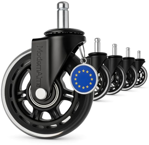 ModernAlma® – Ruedas Silla Oficina 11x22mm Goma Silicona Antirayas | Juego 5 Ruedas Universales para Parquet y Alfombra | Para Silla Gaming Silenciosas y Resistentes (Negra/Transparente)