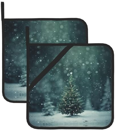 Set di 2 presine verdi con stampa di albero di Natale da cucina, presine, manici, sottopentola, per cucinare e cuocere