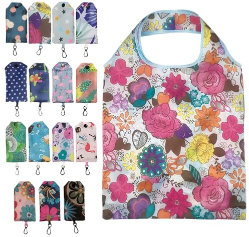 KIKAWORD Foldable Shopping Bags, 15 Pack Reusable Foldaway Shopping Bags with Modern Patterns, Waterproof Design, Ultra Lightweight Portable and Washable Tote for Grocery, Travel and Daily Use