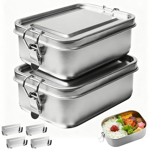 GBKDQQ 2 Stück Brotdose Edelstahl, 850ML Brotdose mit 4 Abnehmbaren Trennwänden, Lunchbox Auslaufsicher mit Dichtring, Lunchbox Edelstahl für Erwachsene & Kinder