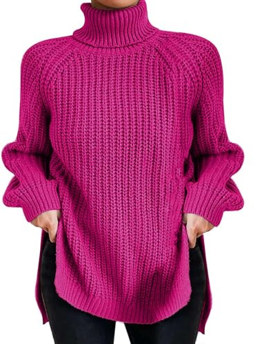 LCpddajlspig Maglione Donna Autunno Invernale - Maglioncino Lungo Maglie Collo Alto Caldo Cotone Pullover Elegante Maglioni Tinta Unita Taglie Forti Fucsia Acceso XL