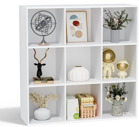 NewBeth Bücherregal Holz mit Geschlossener Rückwand, Raumteilerregal, Würfelregal, Weiß, 9 Fächer