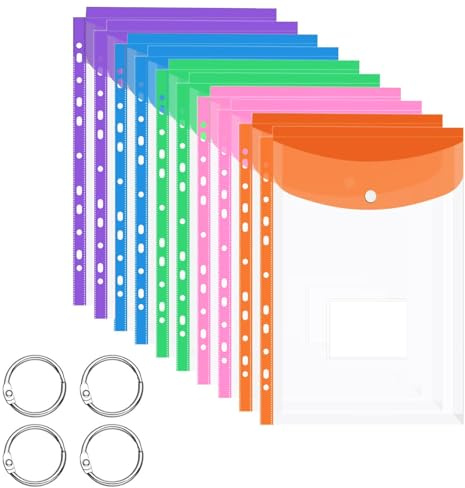 HOPNKN Buste in plastica A4 perforate, confezione da 10 cartelle espandibili in polietilene, buste colorate A4, con tasca per etichette, bottone a pressione, per scuola, casa, ufficio, organizzazione