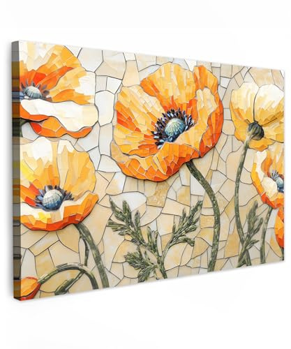 MuchoWow© Leinwand Bilder Groß XXL Wanddeko Wohnzimmer Aesthetic Room Decor | 120x80 cm - Deko Zimmer Wandbilder Modern Bild auf Mohnblumen - Orange - Mosaik - Blätter