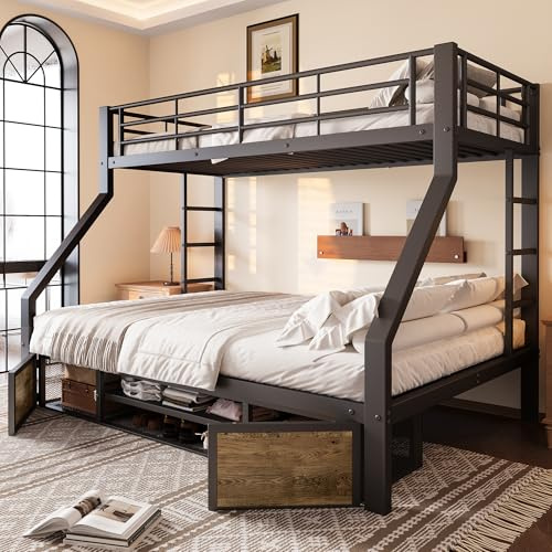 TOBIDOEN Etagenbett Eisenbett 90x200 cm & 140x200 cm, Kinderbett Jugendbett mit Schuhschrank und Staufach, Absturzsicherung und Leiter Beidseitig, Ohne Matratze, Metall, Schwarz