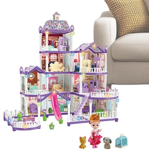 Puppenhäuser | 4 Etagen 13 Zimmer Miniatur Bausatz Villa - Mit 3 Prinzessinnen & 2 Welpen Inklusive Möbelzubehör Spielset Für Kinder | Für Kinder von 4-6 Jahren Rollenspiel Vorstellungsspiel