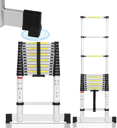 Joparri aluminium teleskopstege 3,8 m, utdragbar stege med stabilisator, halkfri aluminiumledare stående stege multifunktionsstege utdragbar aluminiumledare, 150 kg lastkapacitet