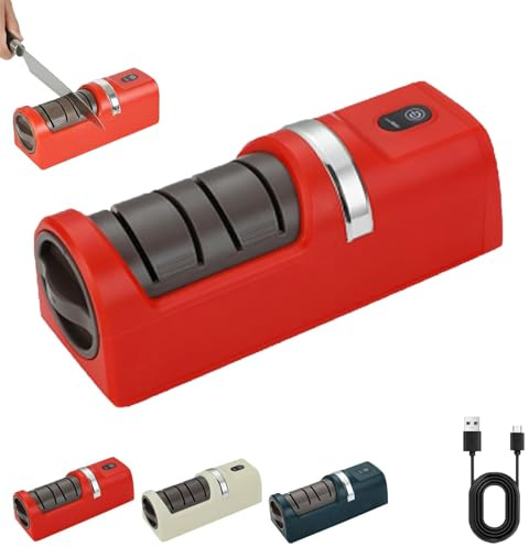 Automatic Kitchen Knife Sharpener, Electric Knife Sharpener for Kitchen, 3-Stage Precision Sharpening, Non-Slip Base, Diamond Abrasive Wheels for Quick Polishing (Red)