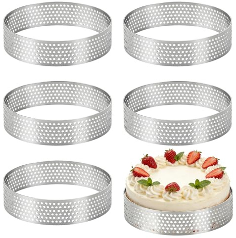 Yohtlfp 6 Piezas Anillo de Pastel, 8 cm Moldes Perforados Tartaletas | Aros para Tartas en Acero Inoxidable 430, Moldes para Tarta Crumpet Pasteles Repostería Magdalenas Pizzas Mousse Muffins