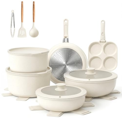 YASHE 20Pcs Nonstick Pots and Pans Set with Detachable Handles, Oven Safe | Induction Ready Non-Toxic Pots and Pans Set for RV, Campervans, PFOA/PFOS-Free, Stackable