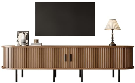 RAPRAP Meuble TV Avec Portes Coulissantes, 2 Compartiments Ouverts, Commode TV De 170 Cm En Bois, Matériau MDF, Pieds En Métal, Coins Arrondis, Meuble Bas Moderne,Walnut