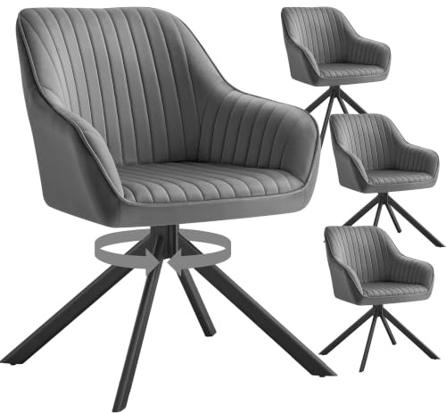 SONGMICS Esszimmerstuhl, bis 120 kg belastbar, Küchenstuhl, Sessel drehbar, Samt, Polsterstuhl mit Armlehnen, Stahlbeine, für Esszimmer, Küche, 4er Set, grau-tintenschwarz KDC161G01V2-4J