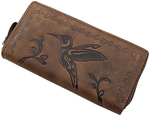 myledershop Große Büffel-Vollleder Damen Geldbörse/Geldbeutel/Portemonnaie/Geldtasche mit RFID & NFC Schutz (Mit Colibri-Motiv/Cognac)